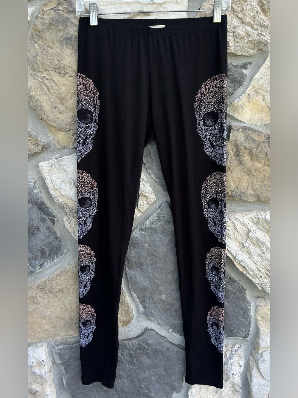 Vocal Rhinestone Skull Leggings Size M Black Stretchy Grunge Biker Goth Emo Alt